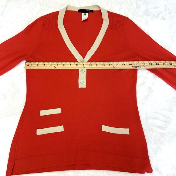 Les Copains Women's Scarlet Cream Trim V-Neck Cuffs 3/4 Sleeve Knit Sweater Sz 6 - Picture 8 of 13
